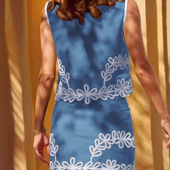 Blue Bohemian Women's Sleeveless Embroidered Vest & Skirt Set - Picture 2 of 5